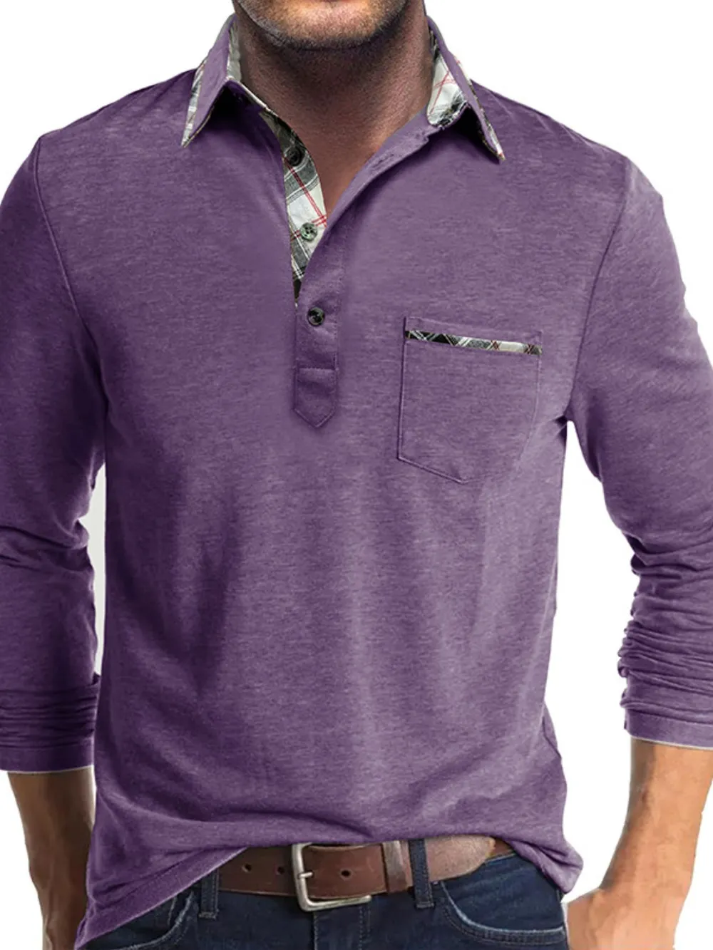 Men's Full Size Plaid Collar Neck Long Sleeve Polo Shirt Plus Size, image 9