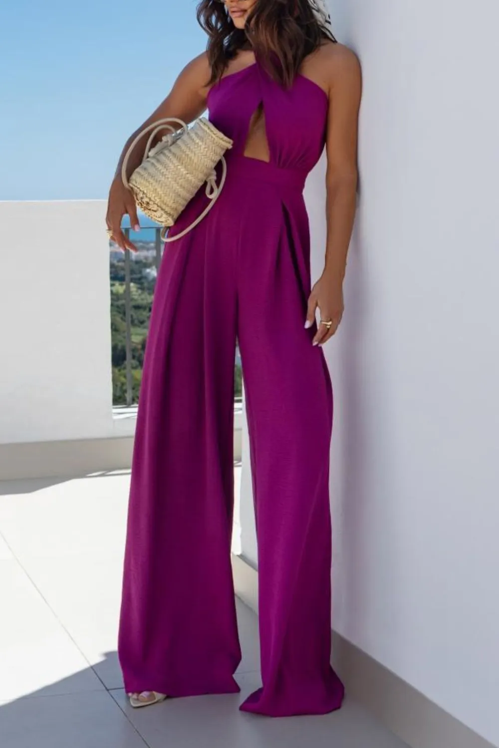 Halter Neck Wide Leg Jumpsuit with Keyhole Detail, image 7