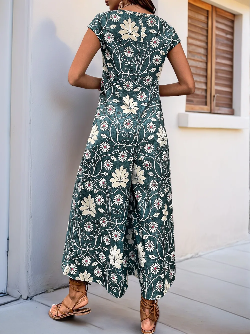 Printed Round Neck Cap Sleeve Wide Leg Jumpsuit, image 12