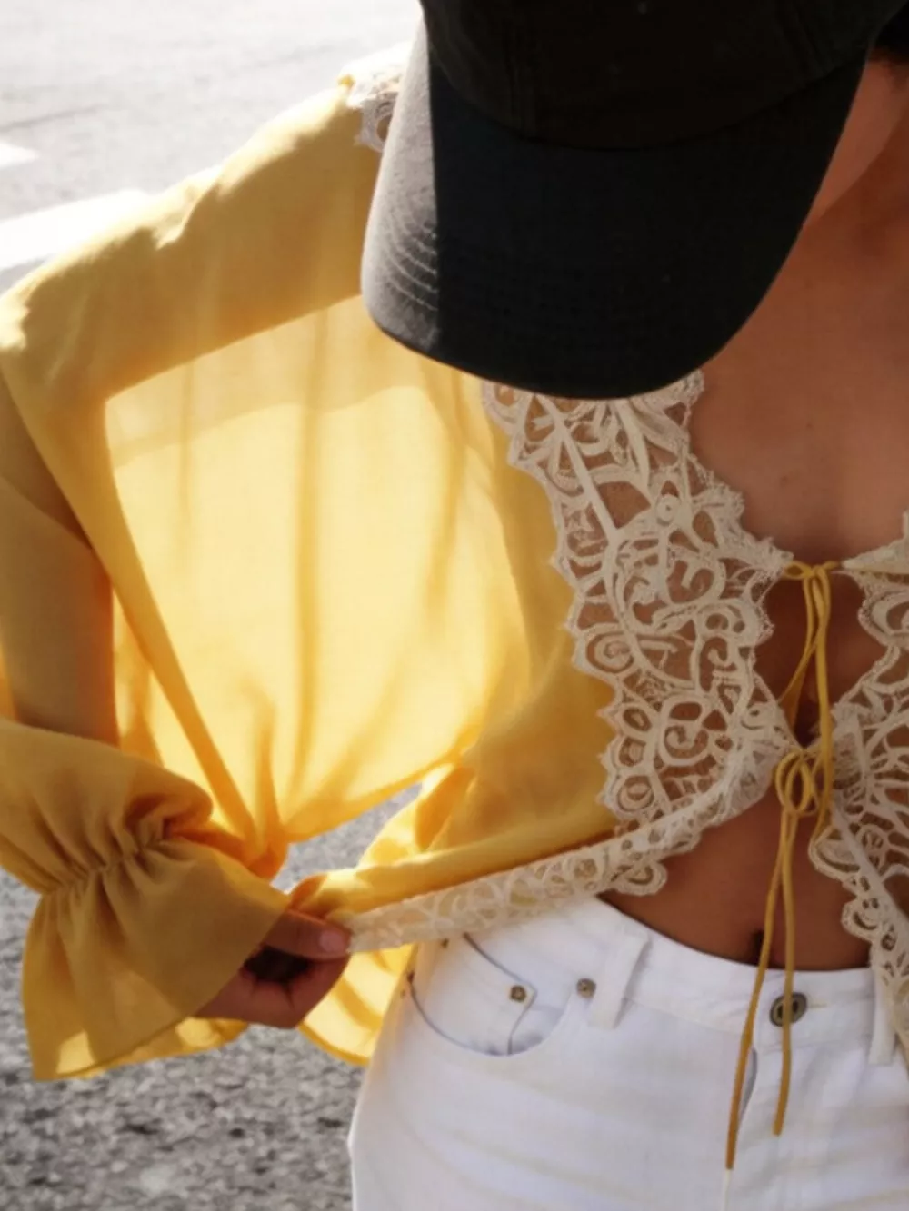 Sheer Lace-Trimmed Front Tie Blouse, image 5