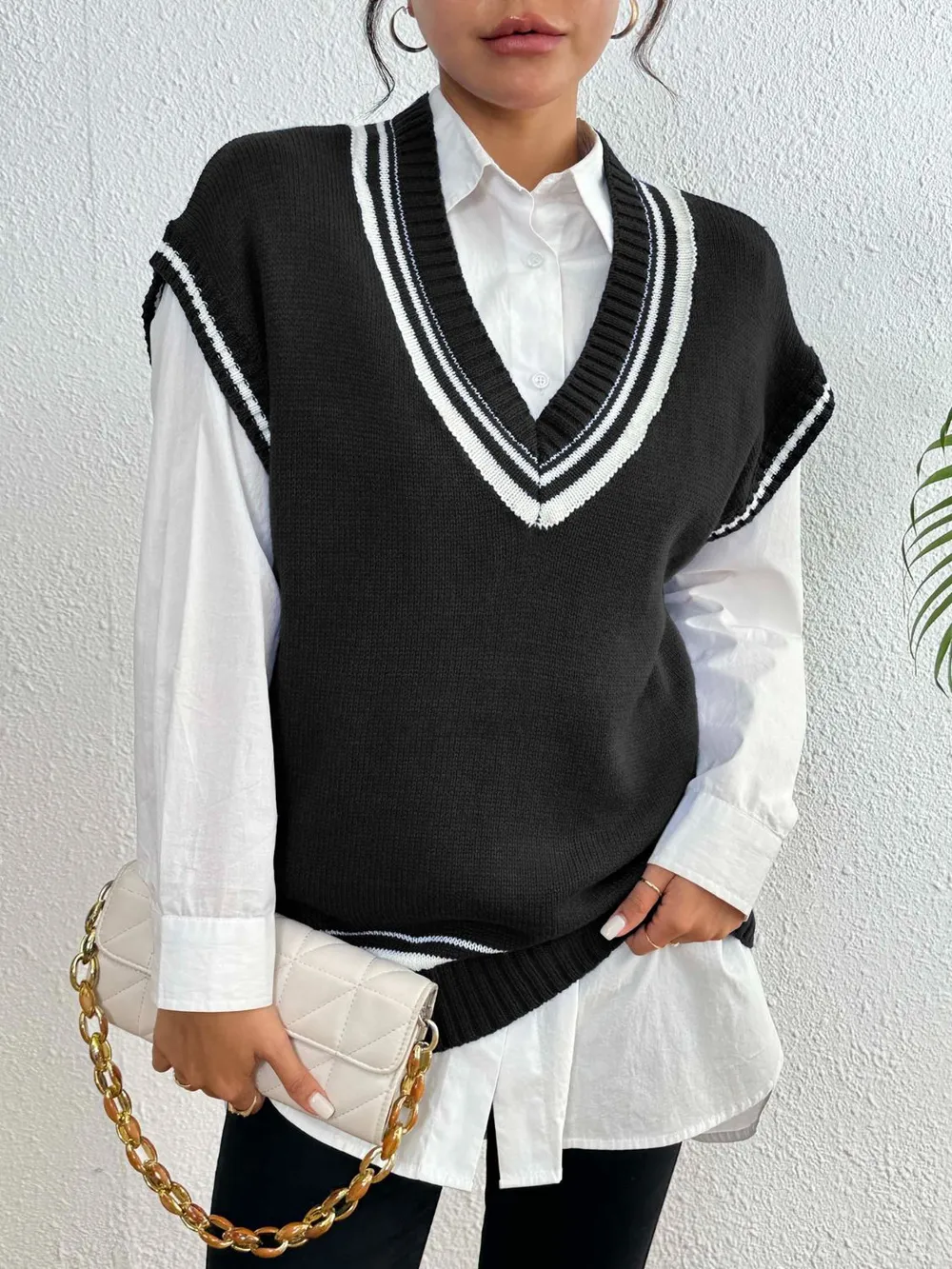 Contrast Trim V-Neck Sweater Vest, image 9