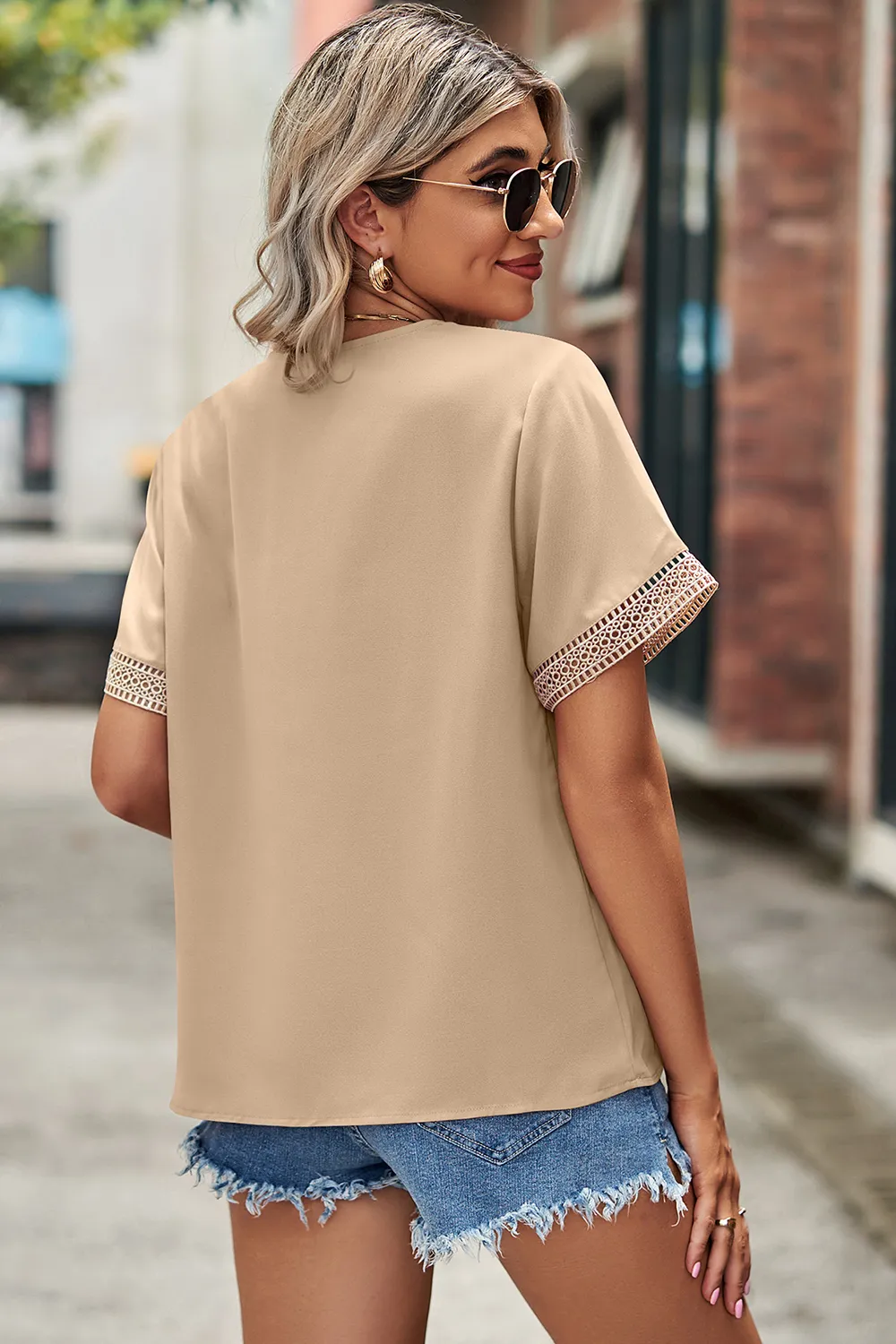 Openwork V-Neck Short Sleeve T-Shirt, image 18