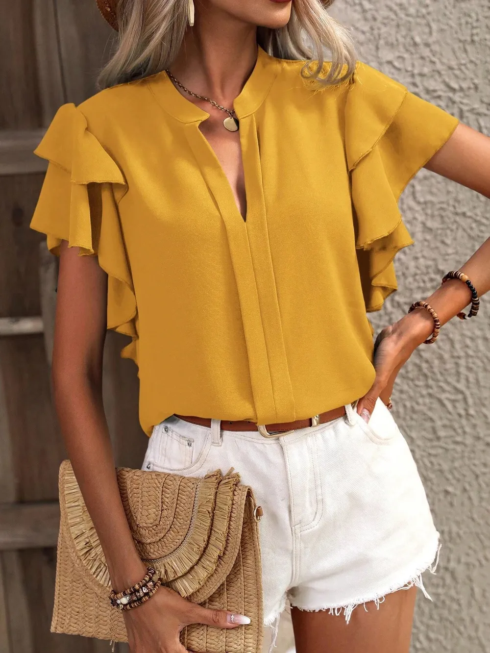 Ruffle Sleeve Notched Blouse, image 9