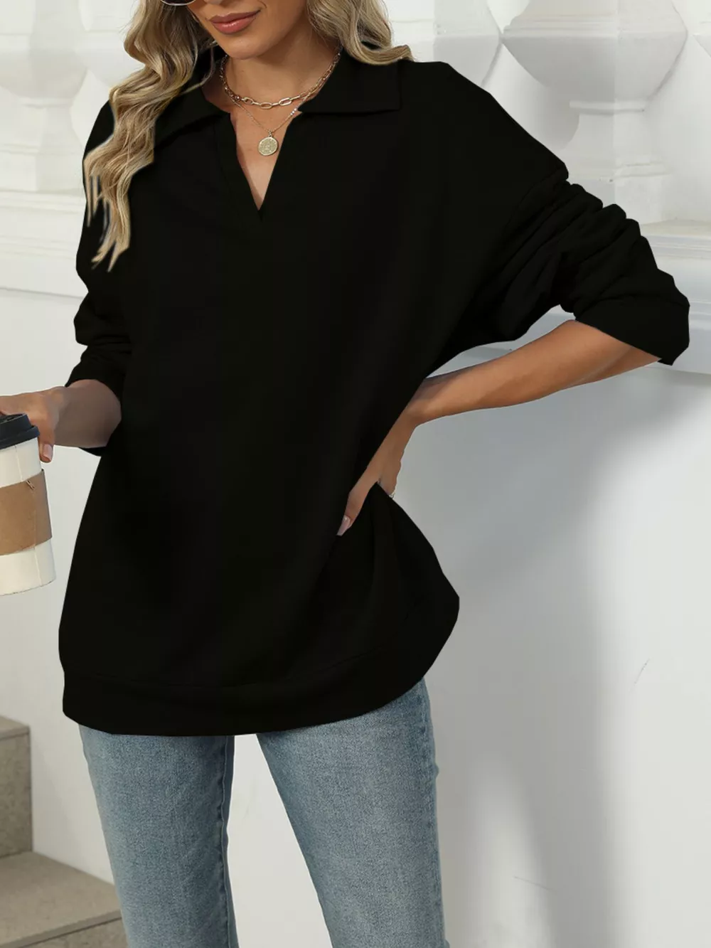 Johnny Collar Drop Shoulder Long Sleeve Sweatshirt, image 19