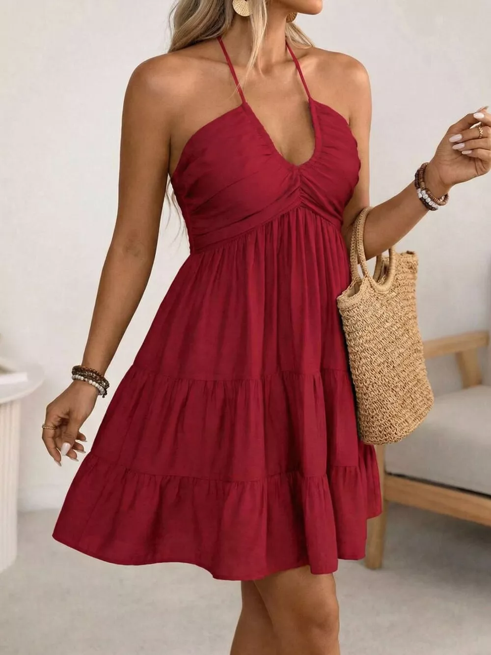 Plus Size Halter Neck Tiered Ruffle Hem Mini Dress, image 3