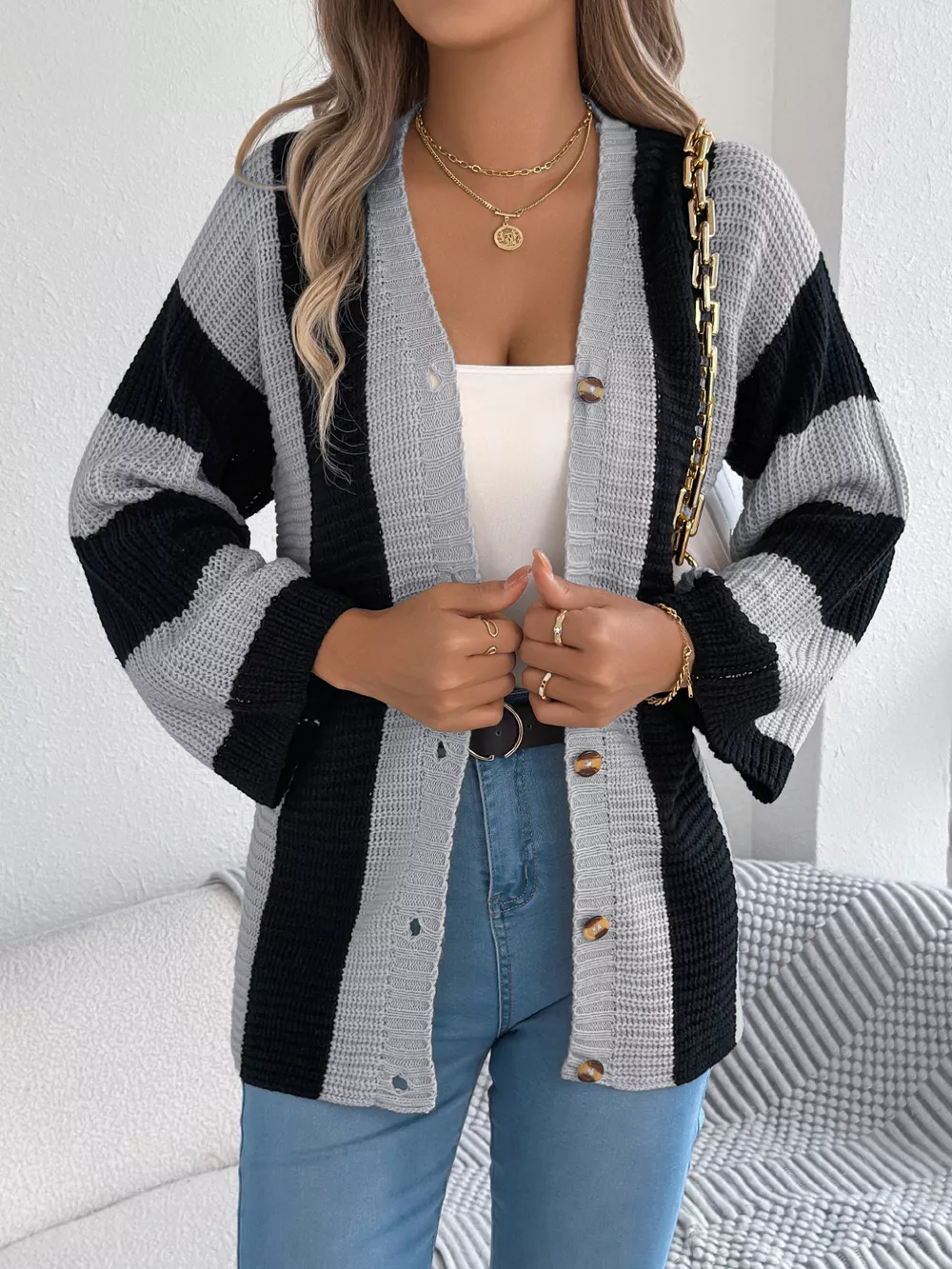 Color Block Button-Up Cardigan, image 9