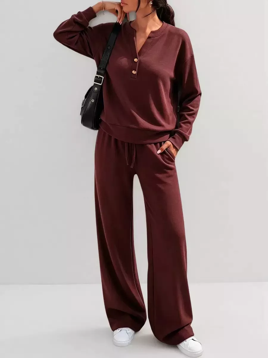 Button Detail Dropped Shoulder Top and Pants Set