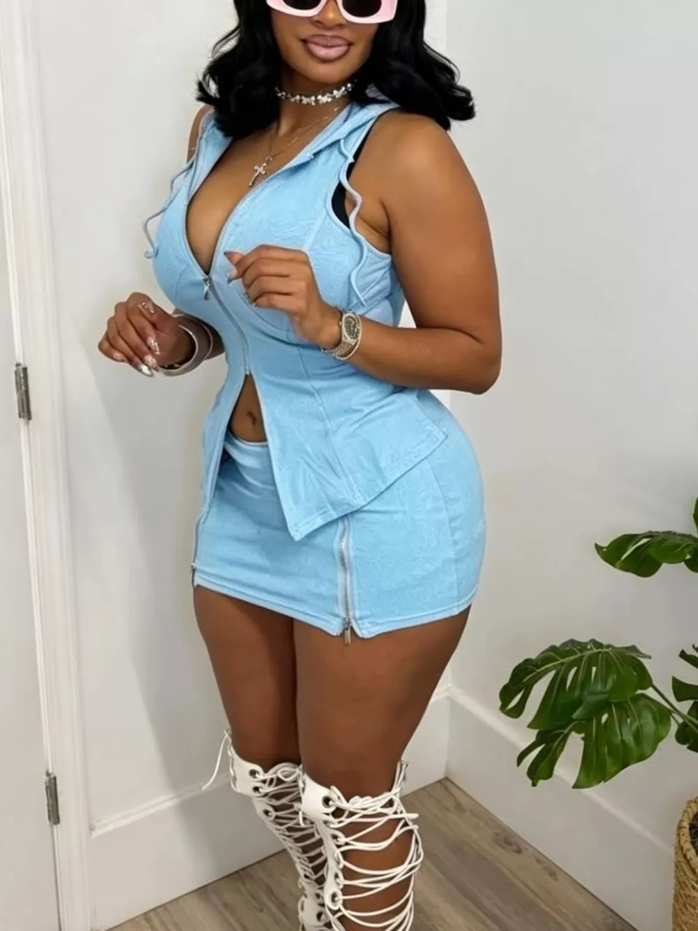 Hooded Zippered Sleeveless Top and Skirt Set, image 8