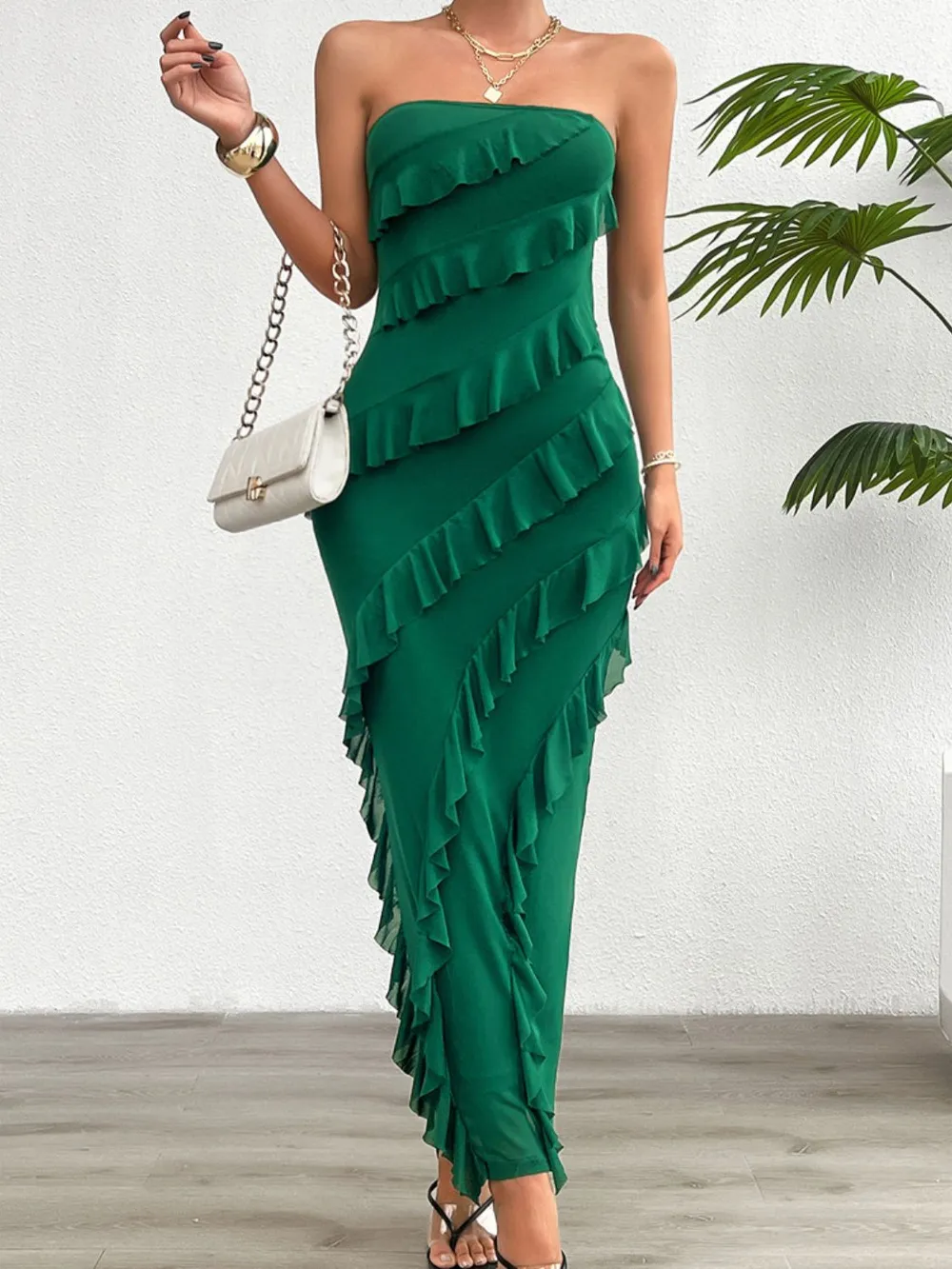 Ruffled Slit Back Tube Maxi Dress, image 8