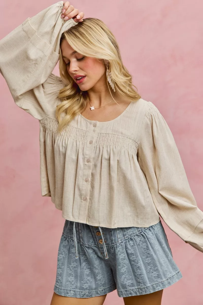 Linen Blend Woven Long Sleeve With Smocking Top, image 14