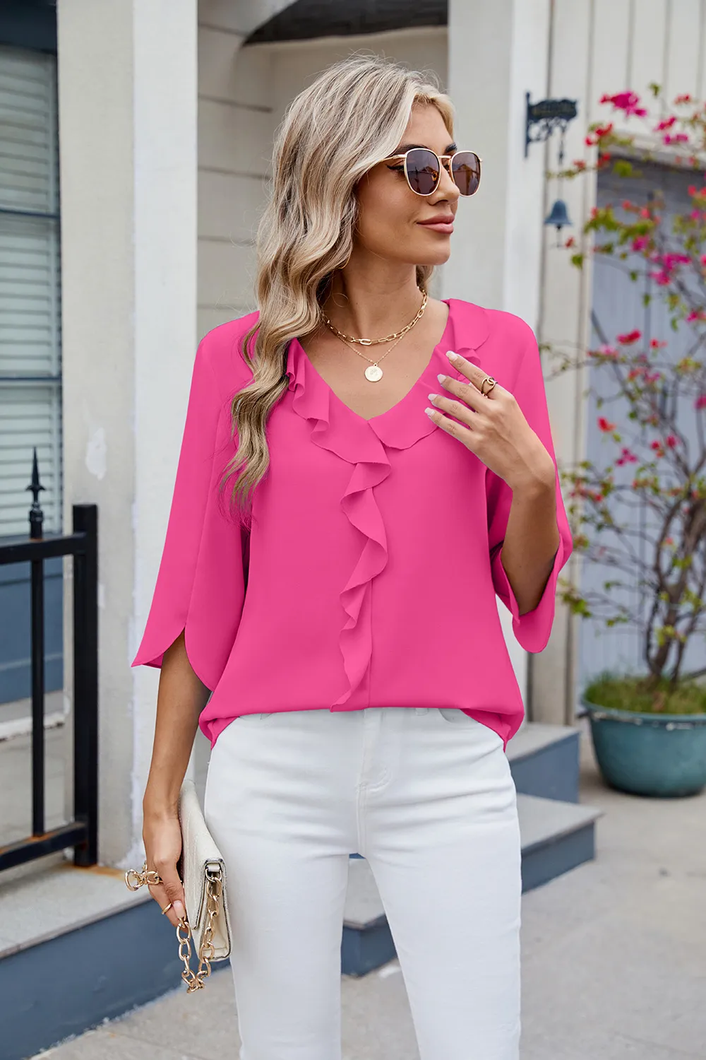 Ruffled V-Neck Three-Quarter Sleeve Blouse, image 11