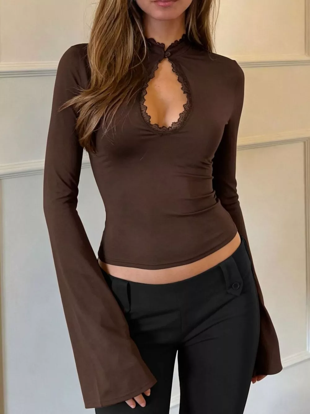 Lace-Trimmed Keyhole Long Sleeve T-Shirt, image 5
