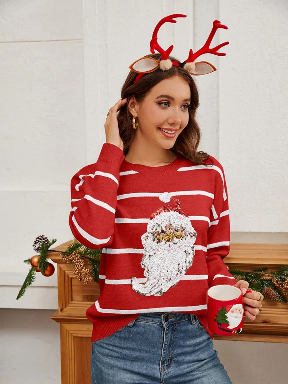 Sequin Santa Striped Round Neck Long Sleeve Sweater, image 8
