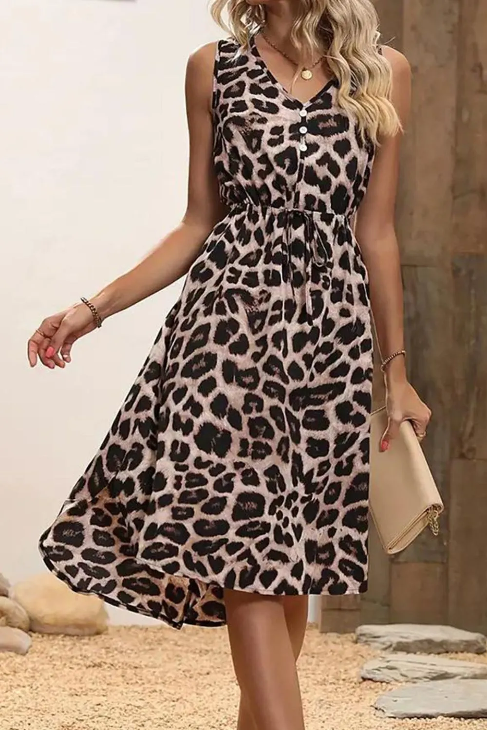 Leopard V-Neck Sleeveless Dress, image 2