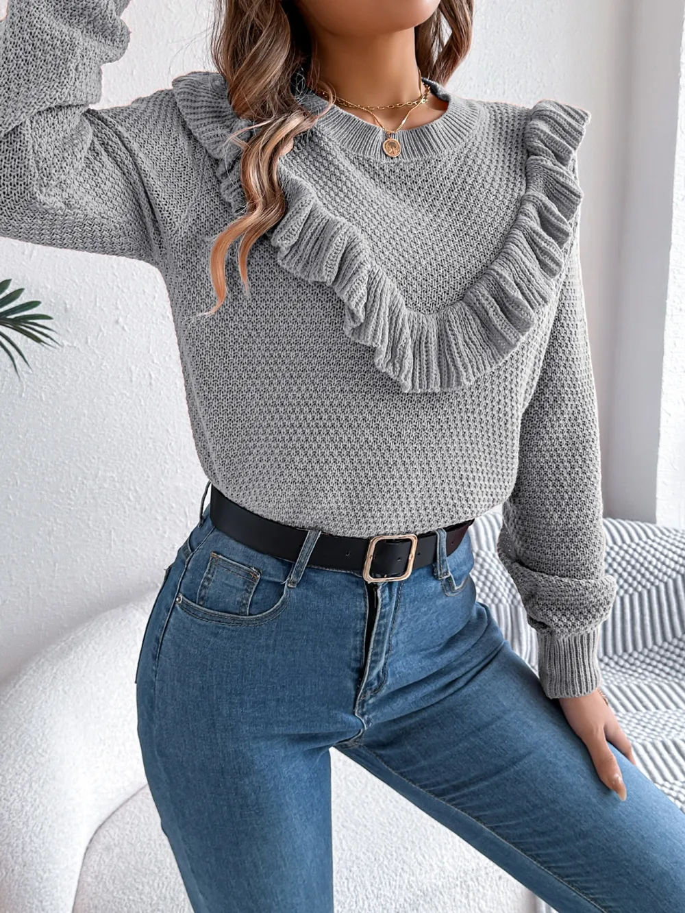 Ruffled Round Neck Long Sleeve Sweater, image 5