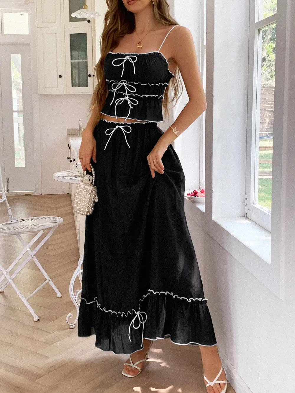 Frill Square Neck Cami and Skirt Set, image 4