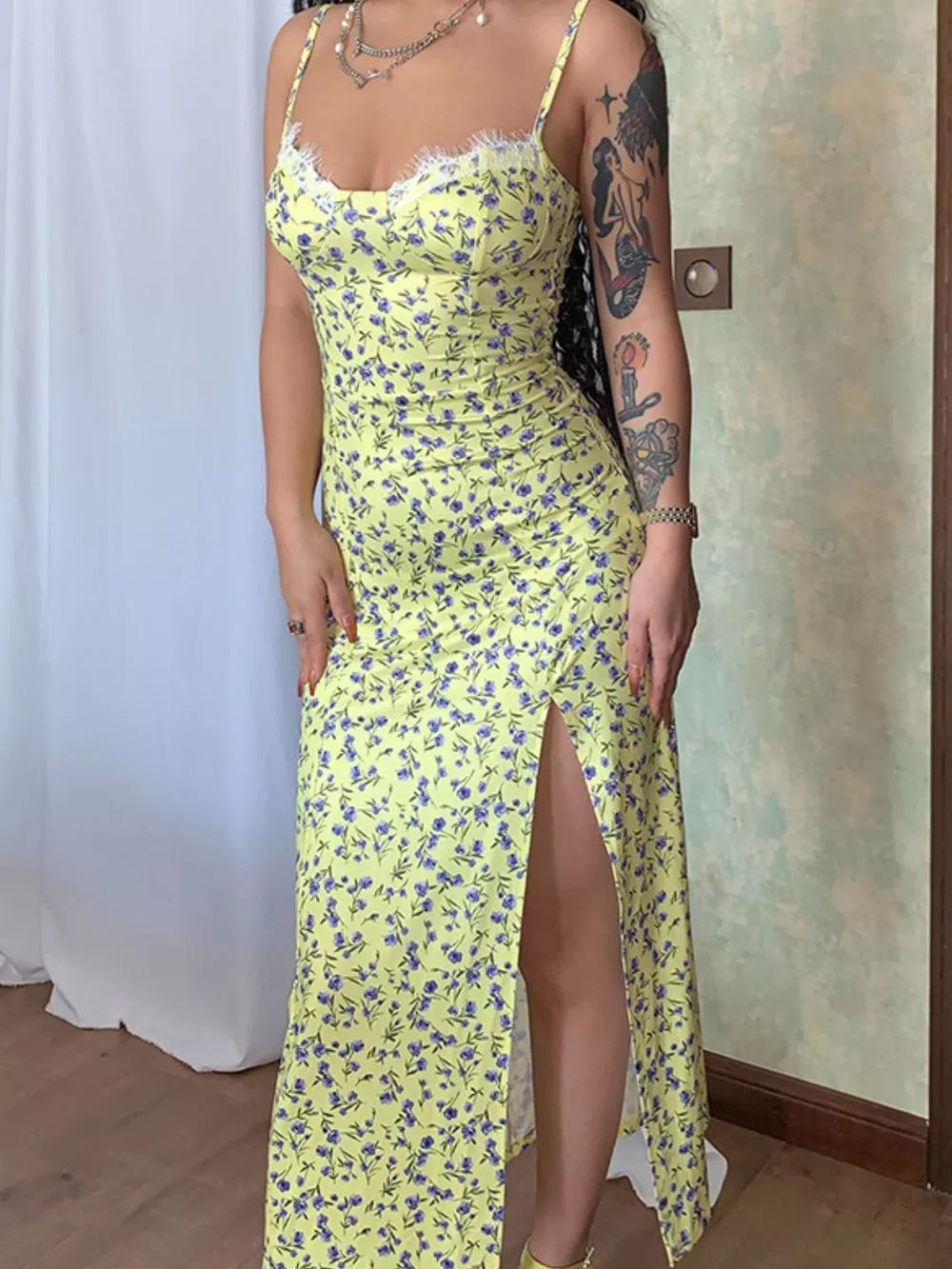 Floral Print Lace Trim Slit Midi Dress, image 19