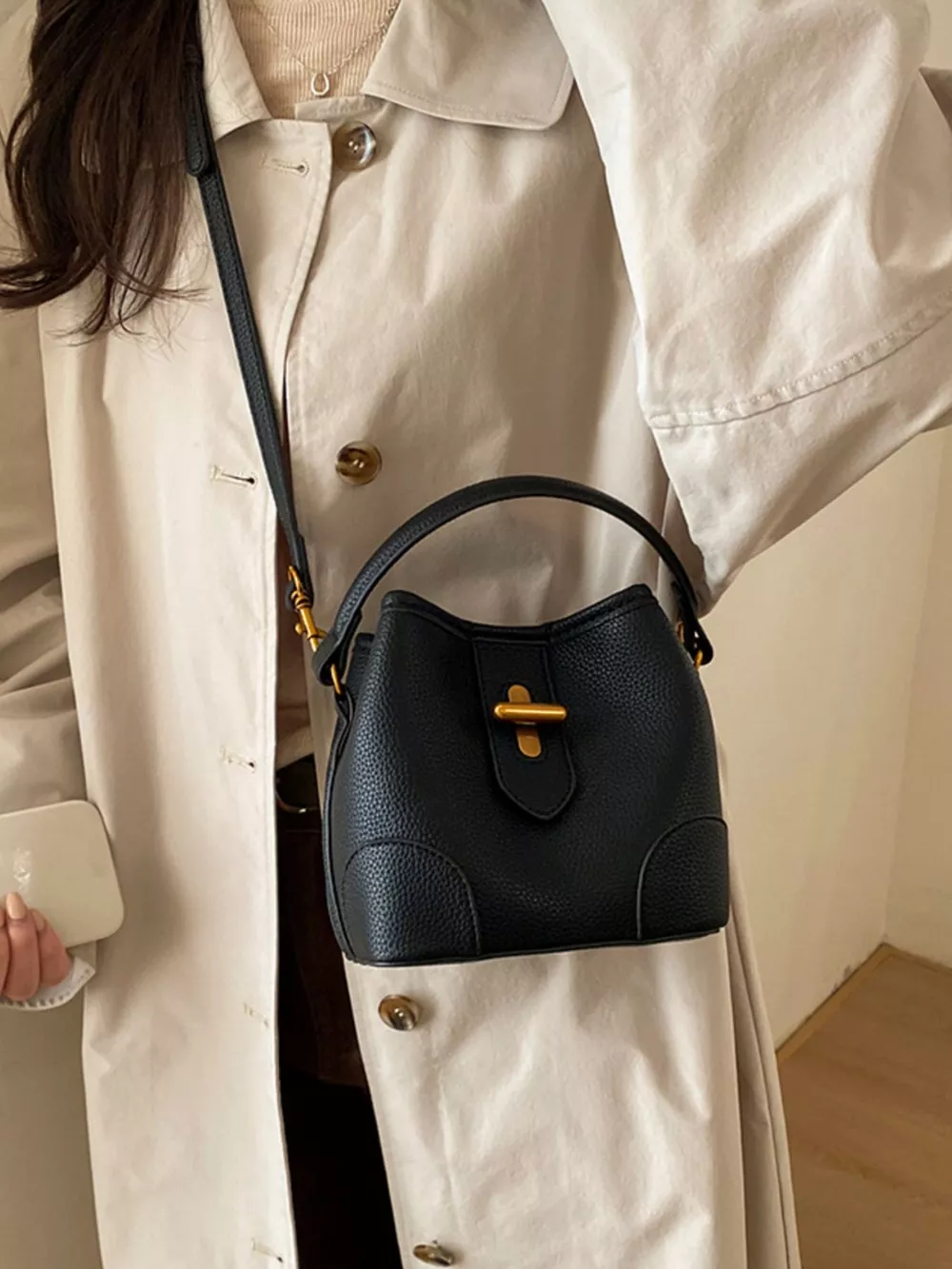 Textured Leather Bucket Crossbody Bag, image 2