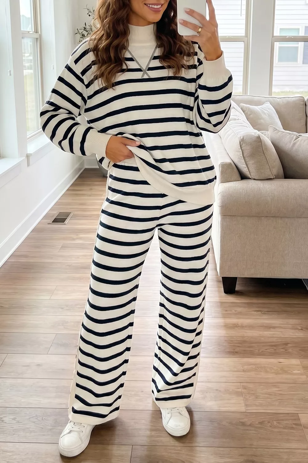 Striped Long Sleeve Top and Wide-Leg Pants Set, image 2