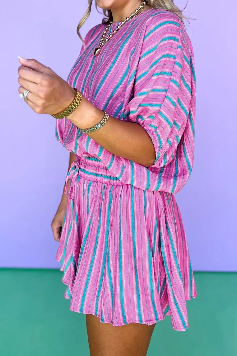 Stripe Dolman Short Sleeve Blouse Drawstring Elastic Waist Loose Short Set, image 2