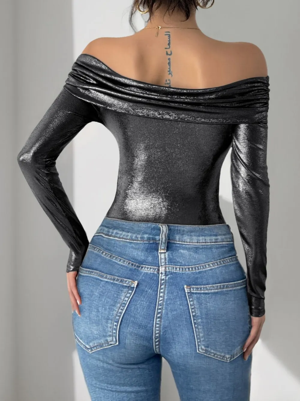 Ruched Off-Shoulder Long Sleeve Bodysuit, image 2