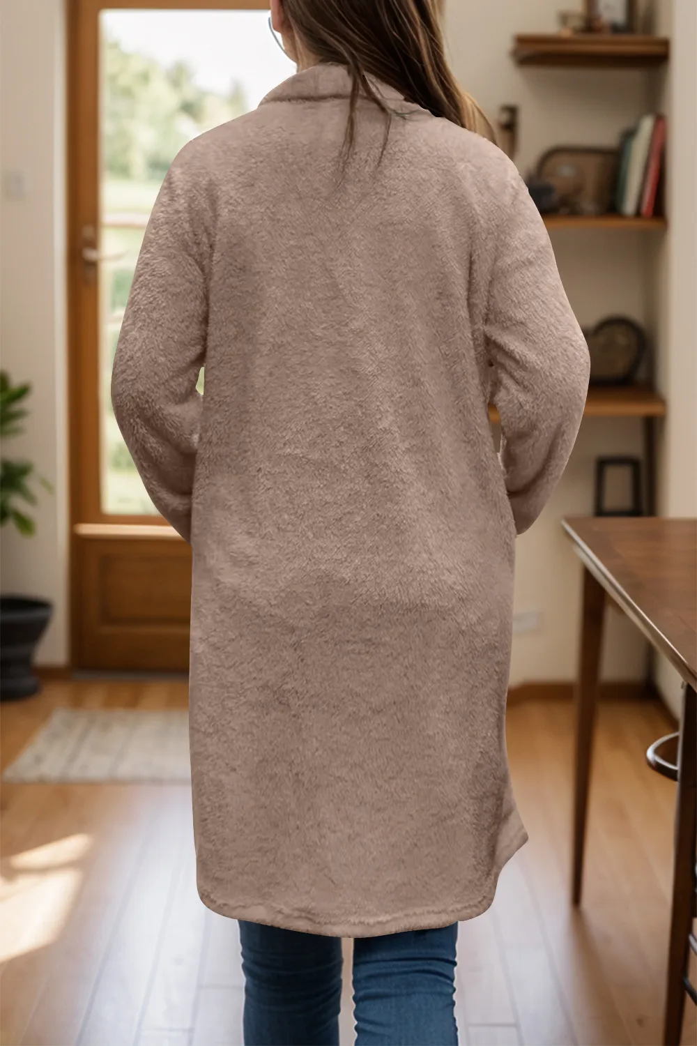 Full Size One Button Long Sleeve Longline Plush Coat, image 3
