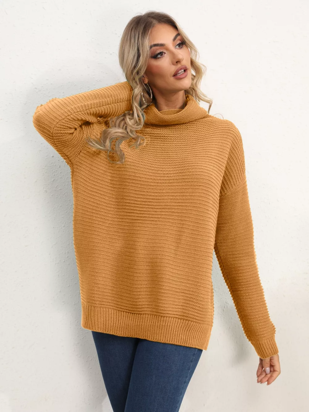 Slit Turtleneck Dropped Shoulder Sweater, image 18