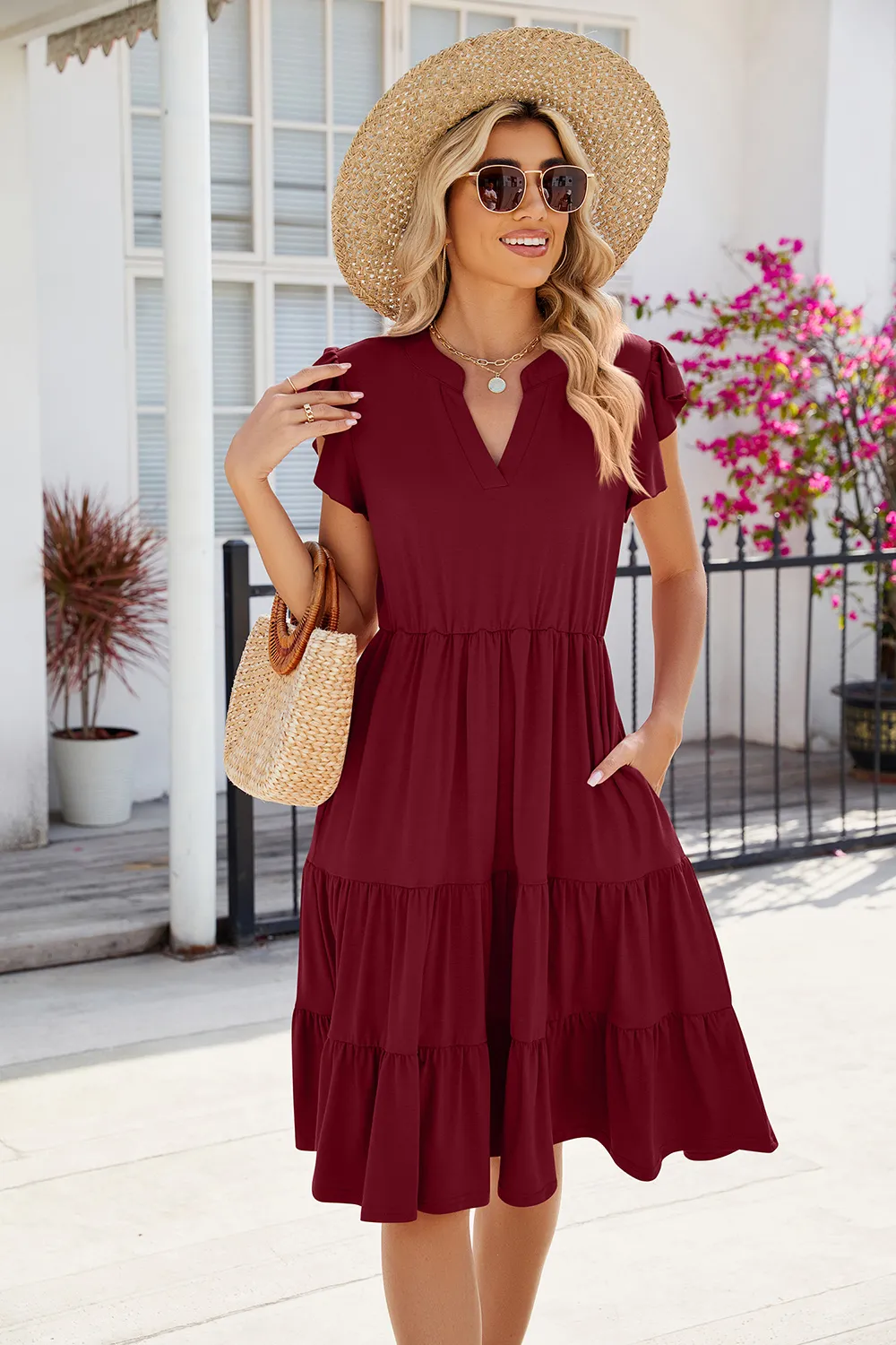 Ruched Notched Cap Sleeve Dress, image 10