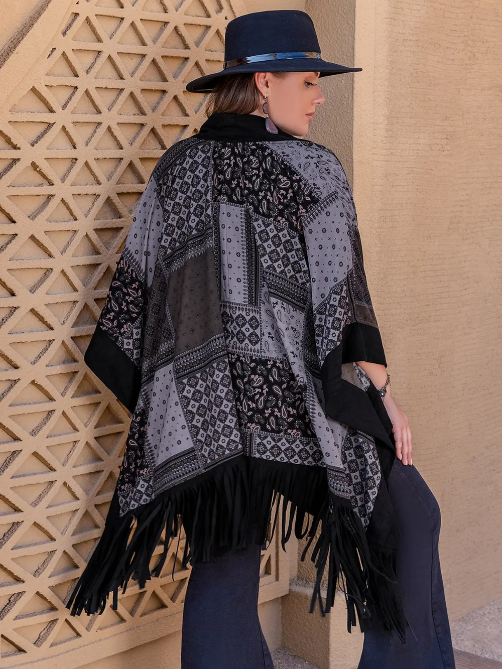 Plus Size Printed Fringe Open Front Outerwear, image 2