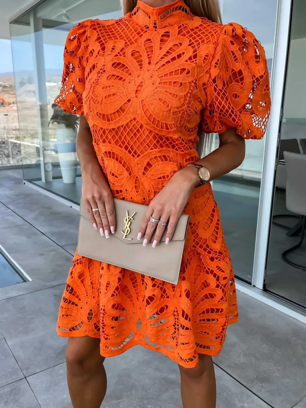 Lace Mock Neck Puff Sleeve Dress, image 5