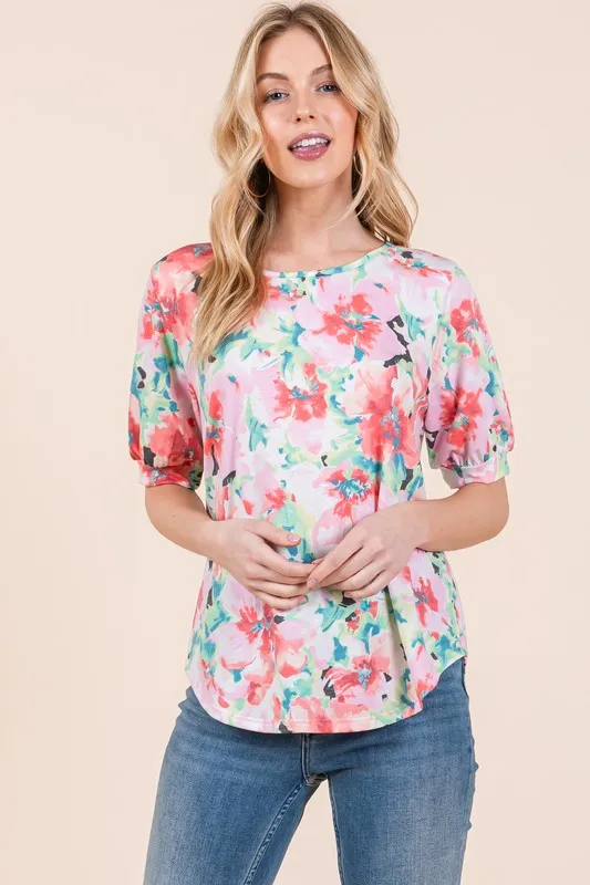 Floral Round Neck Puff Sleeve Top