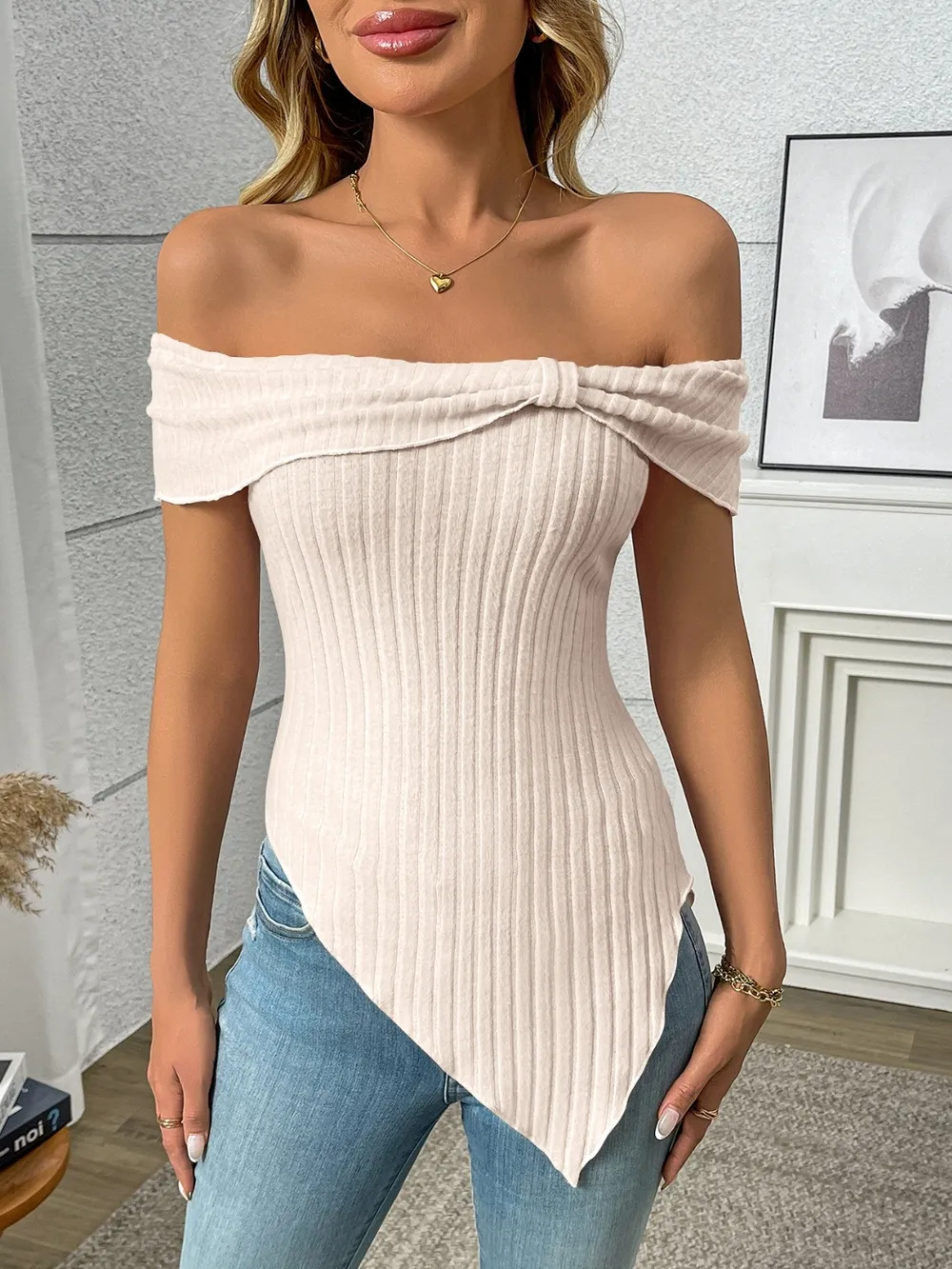 Ribbed Off-Shoulder Asymmetrical Hem T-Shirt, image 23
