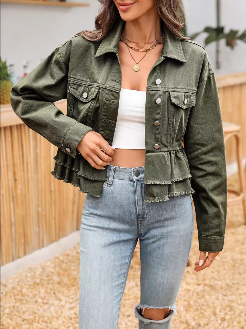 Ruffle Raw Hem Denim Jacket