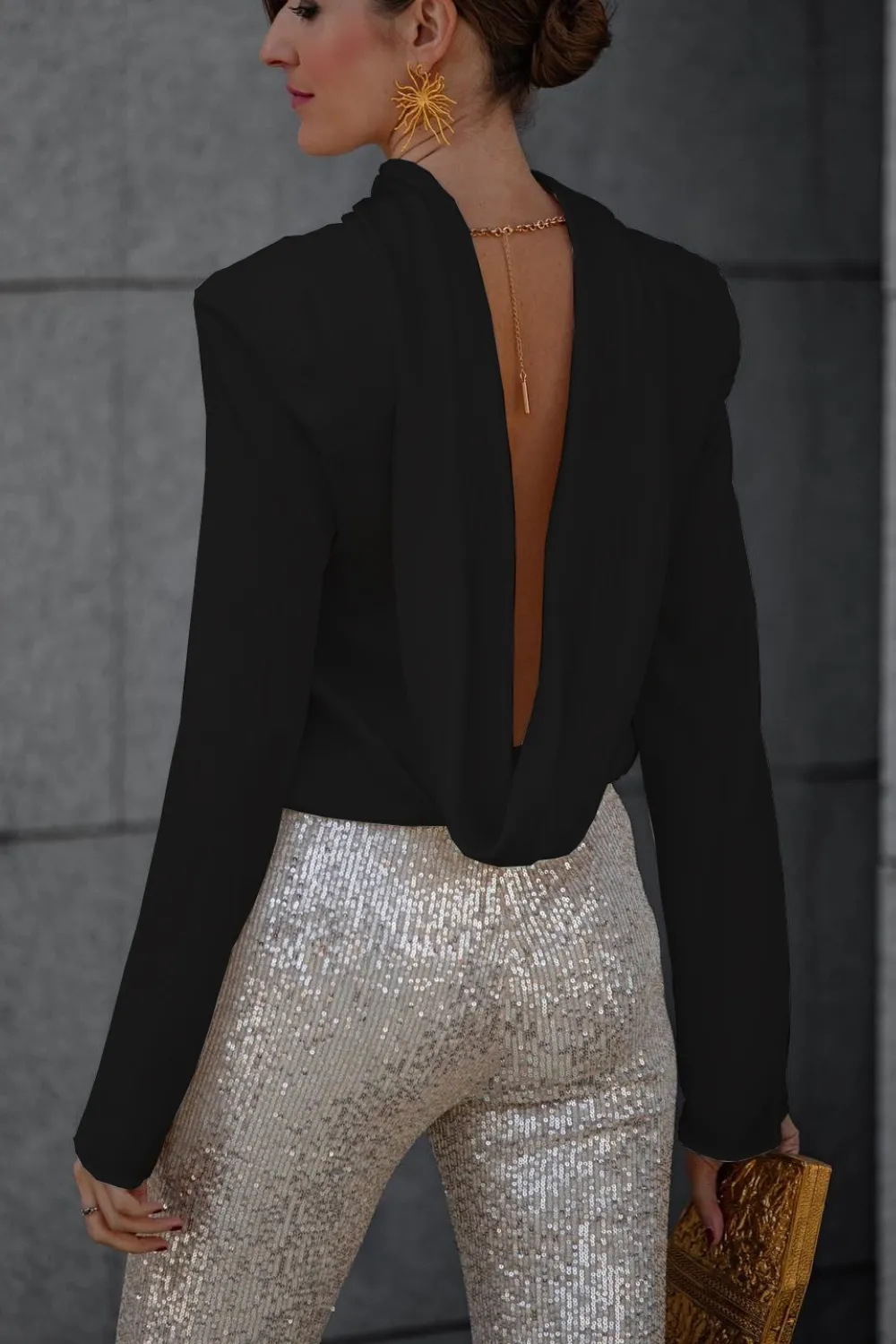 Backless Cowl Neck Long Sleeve Blouse, image 8