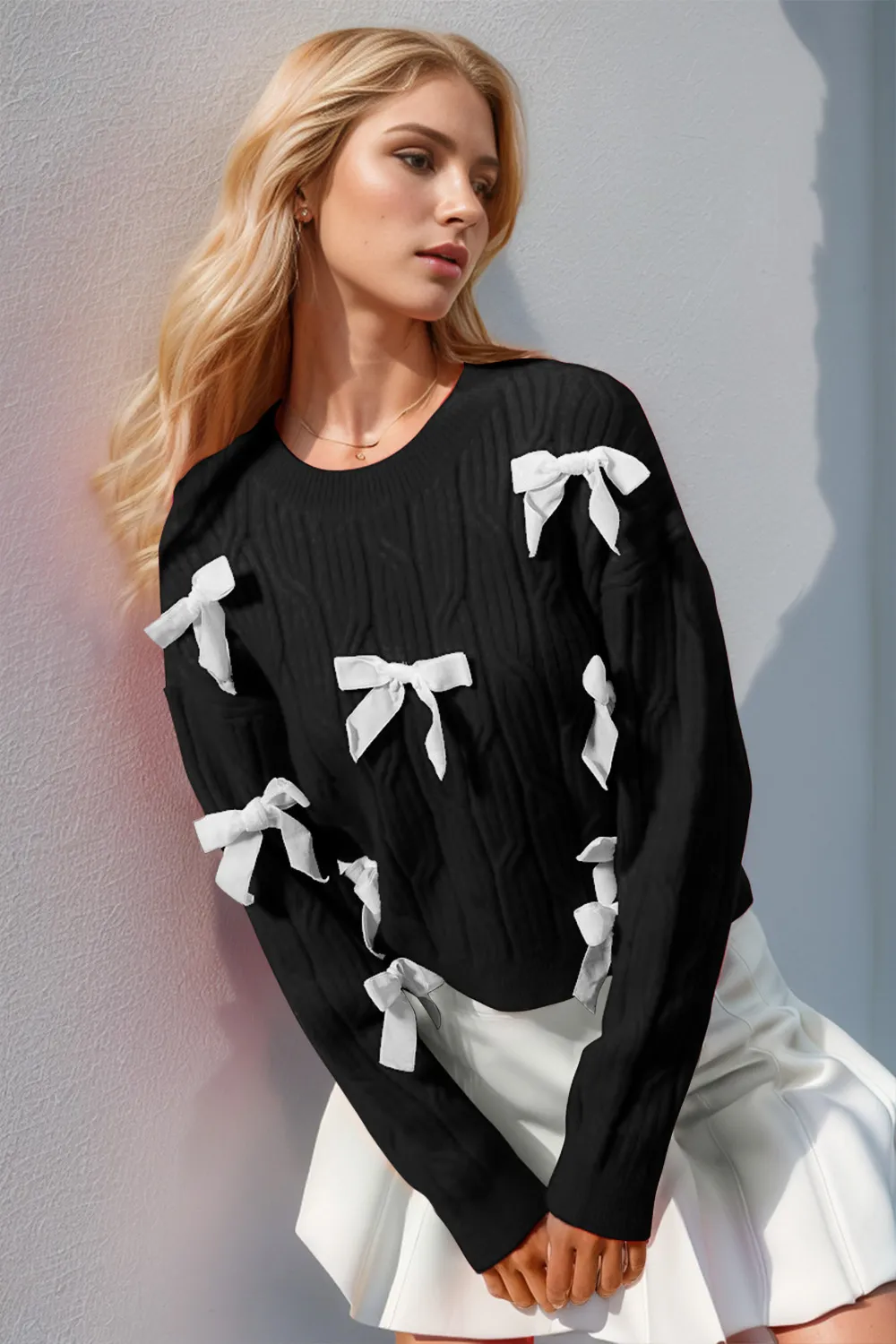 Full Size Bow Cable-Knit Round Neck Sweater