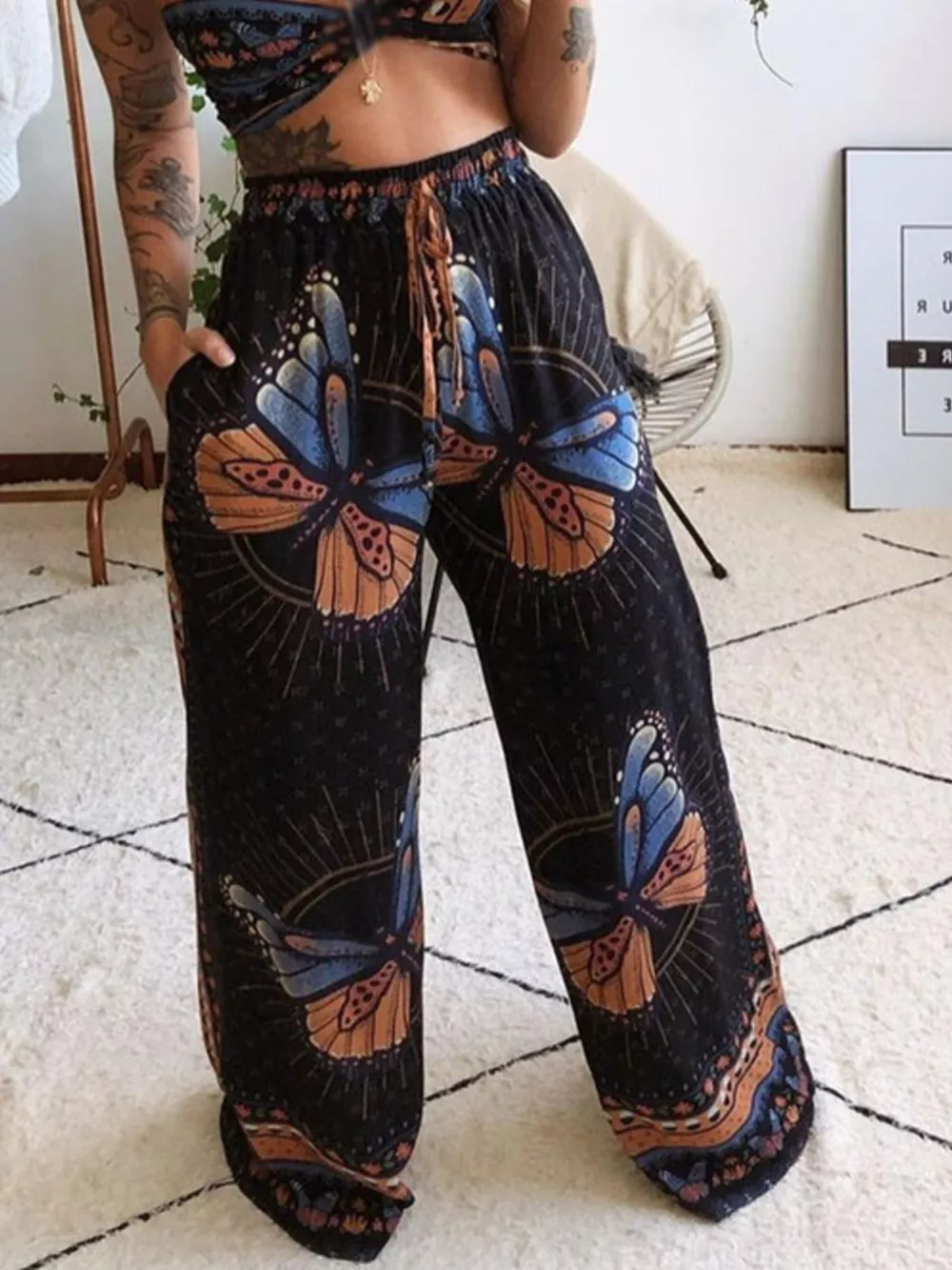 Boho Butterfly Print Top and Pants Set, image 5