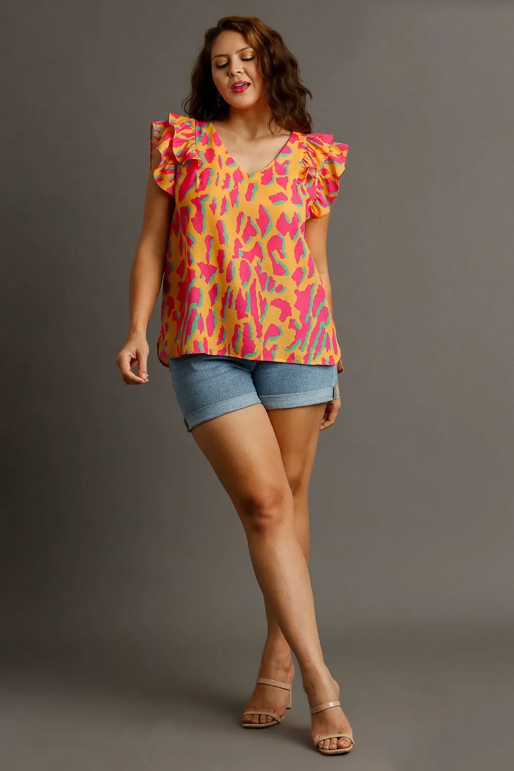 Full Size Abstract Print V-Neck Double Layer Ruffle Sleeve Blouse Plus Size, image 7