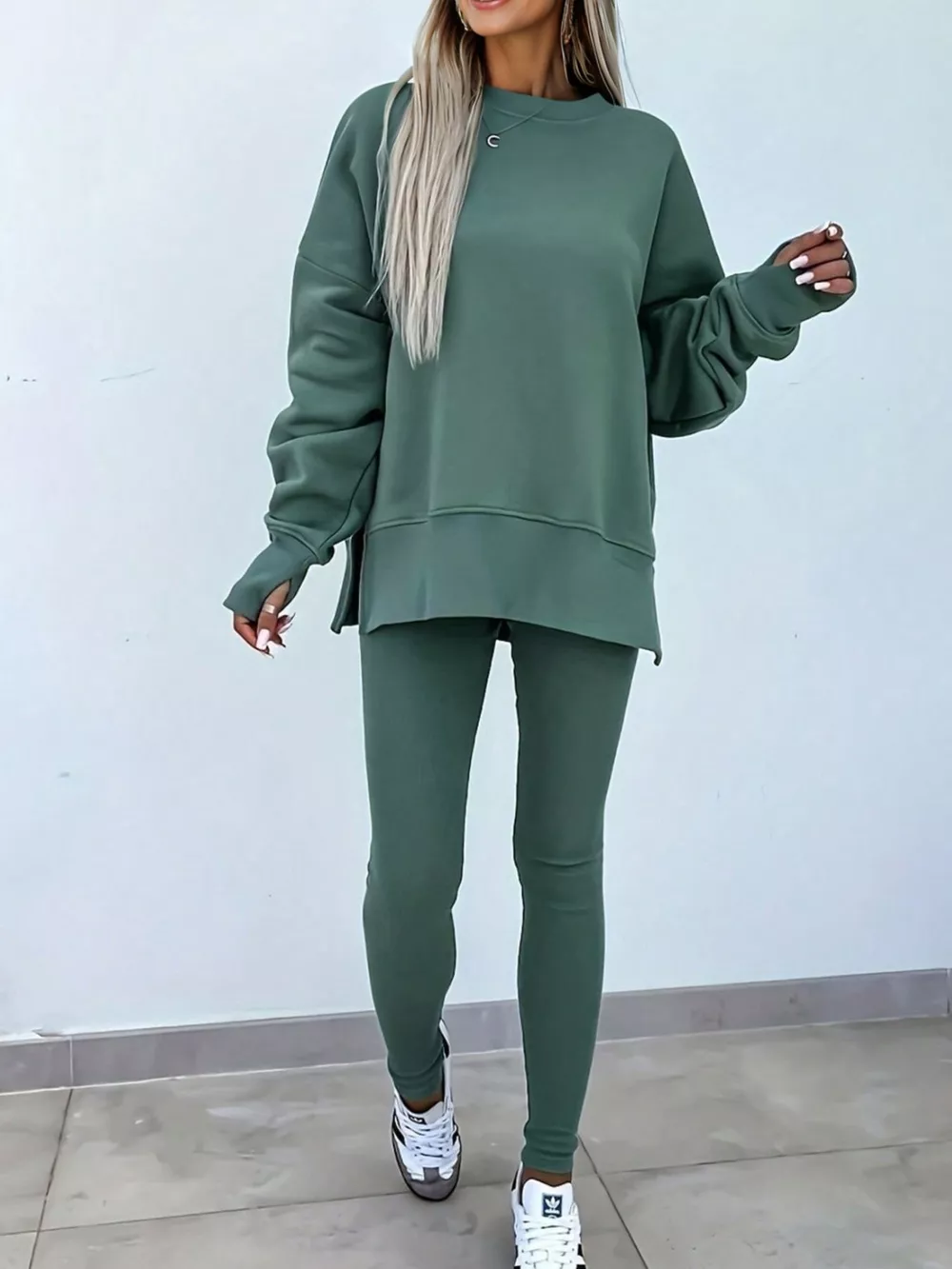 Solid Color Oversize Slit Sweatshirt and Ribbed Leggings 2pcs Set, image 3