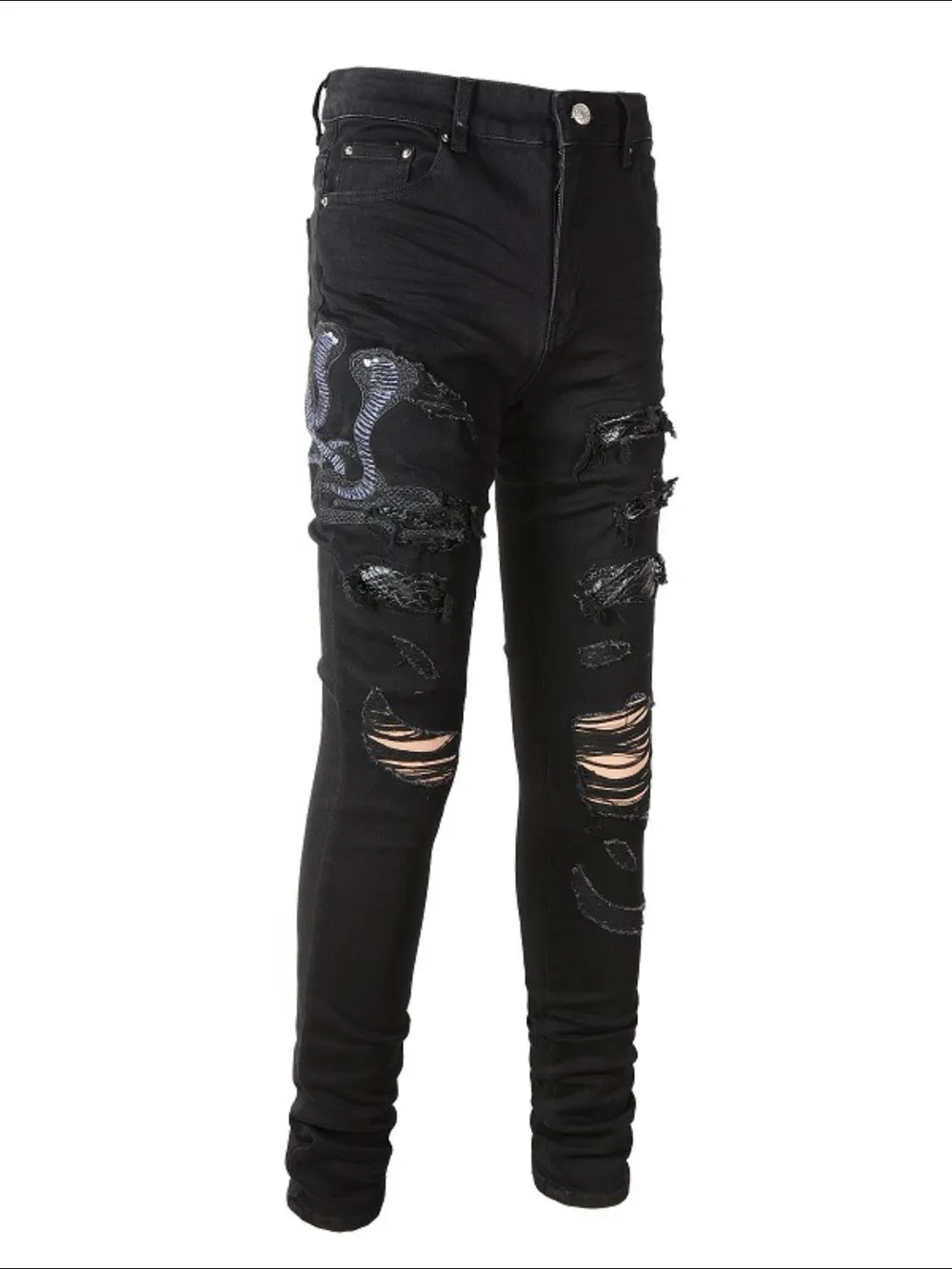 Men's Washed Snake Embroidered Slim Jeans, image 3