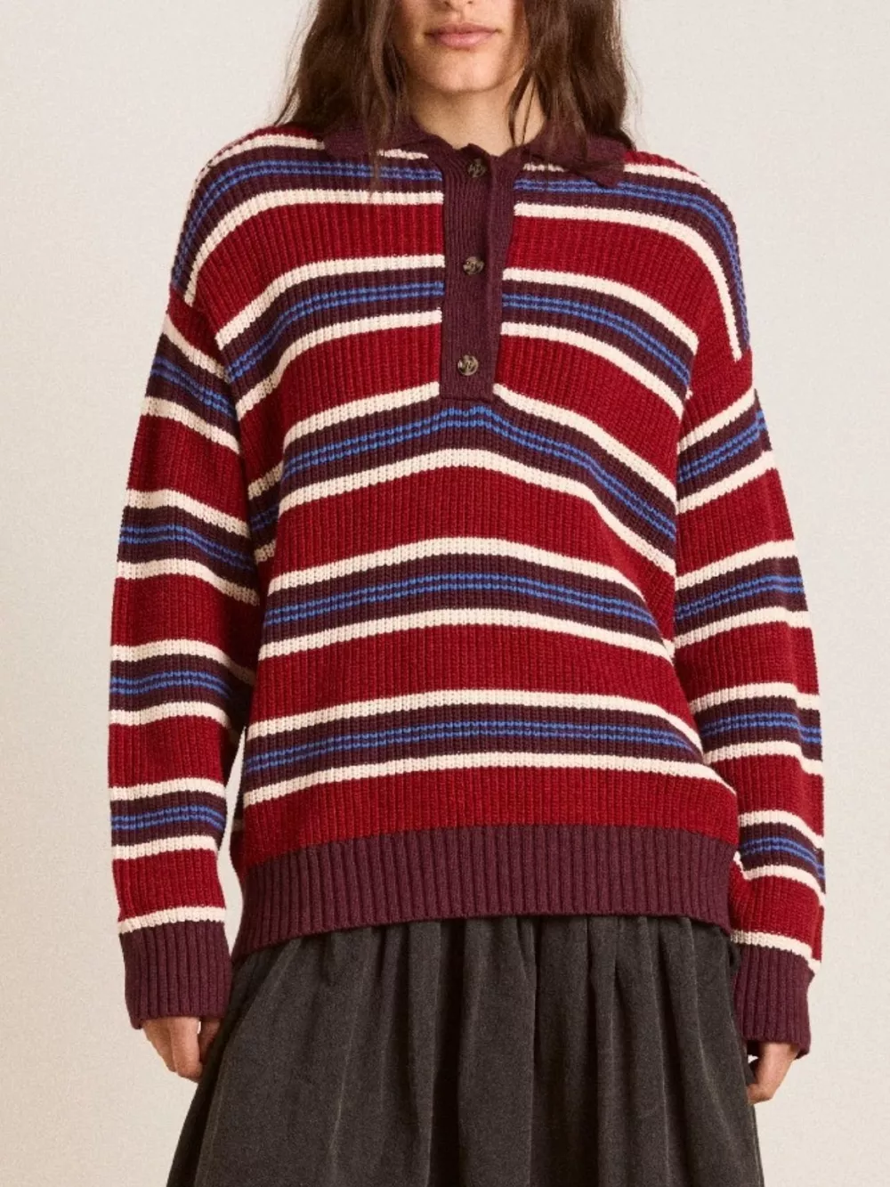 Striped Button Detail Polo Collar Sweater, image 7