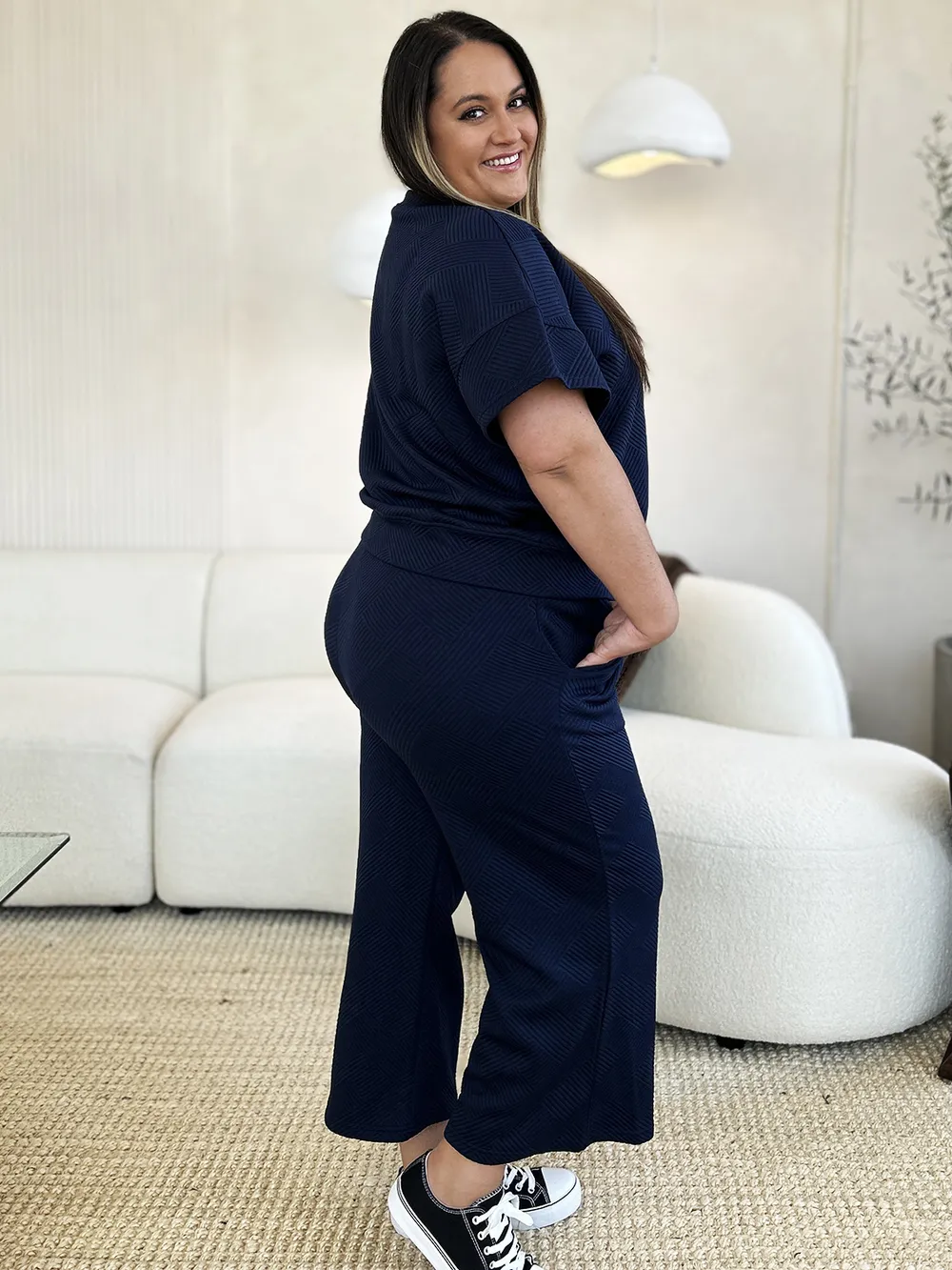 Full Size Texture Short Sleeve Top and Pants Set, image 16