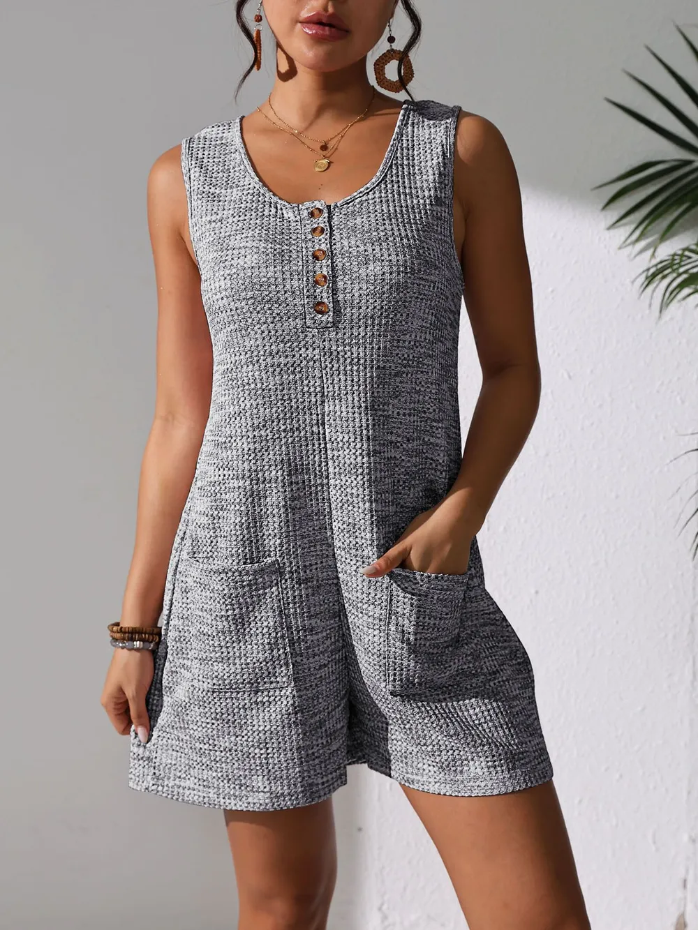 Full Size Button Front Romper with Pockets Plus Size, image 11