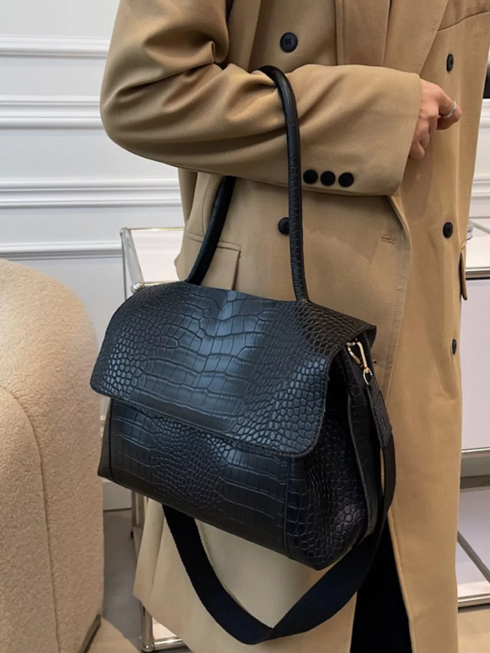 Crocodile Embossed Flap Shoulder Bag, image 2