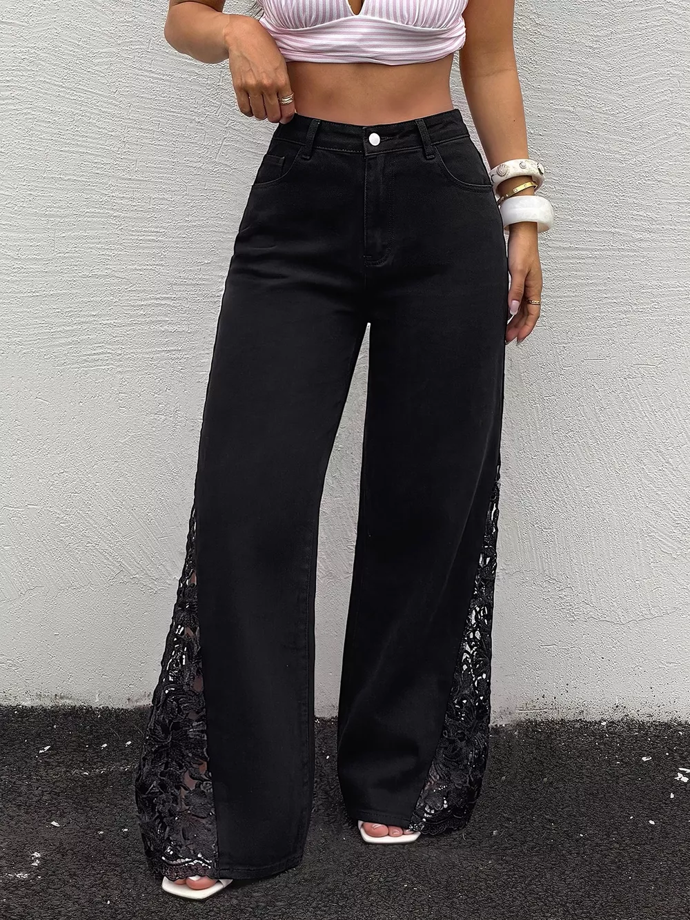 Lace Detail Wide-Leg Jeans, image 2