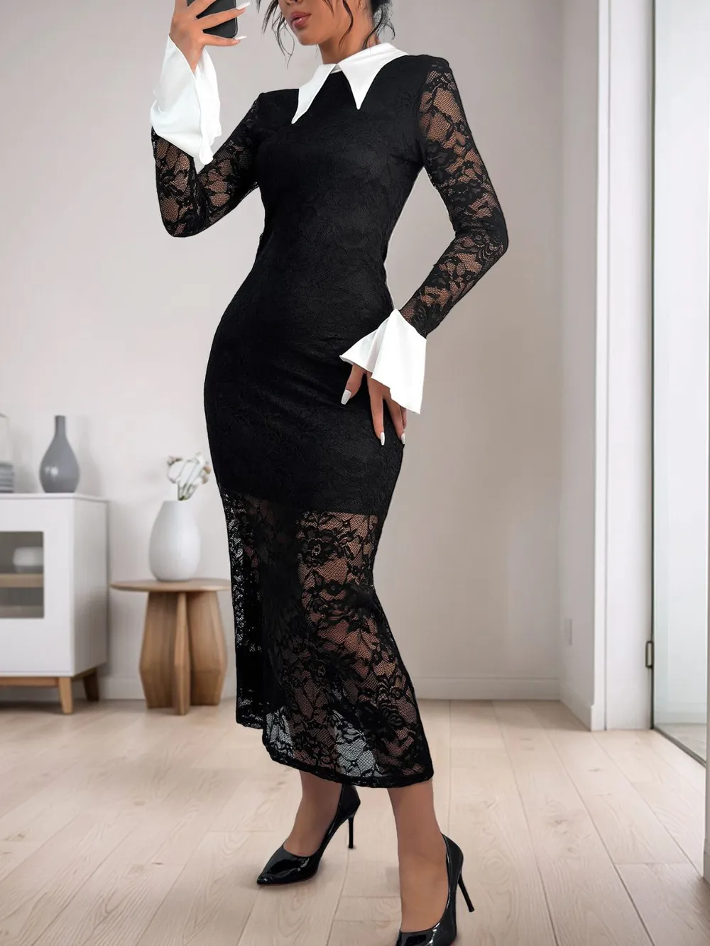 Lace Contrast Collared Neck Long Sleeve Midi Dress, image 2