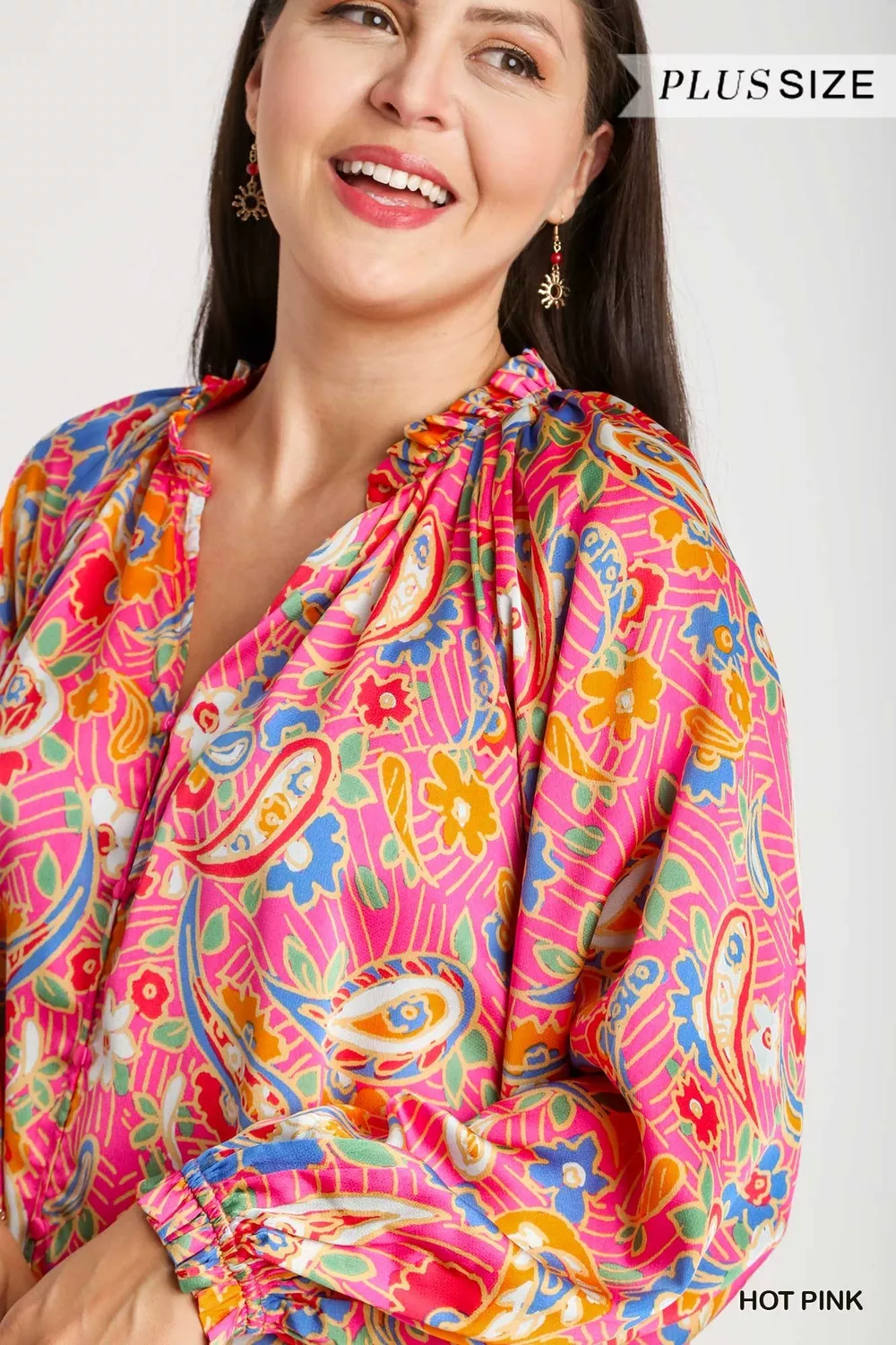 Full Size Satin Paisley Ruffle Neck Button-Up Shirt Plus Size, image 9