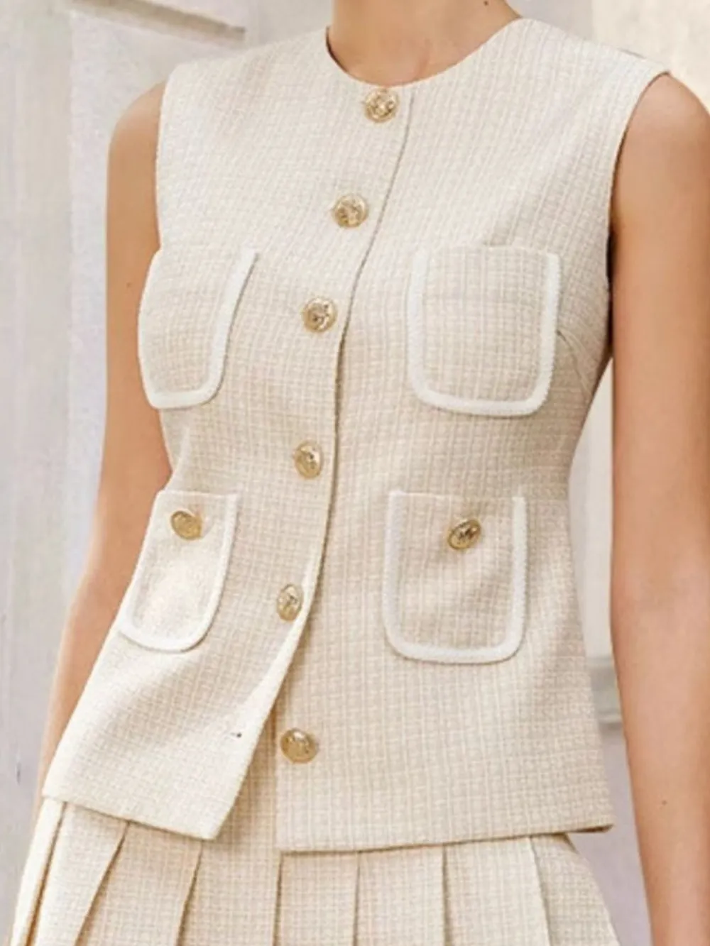 Tweed Button-Front Vest and Pleated Skirt Set, image 4