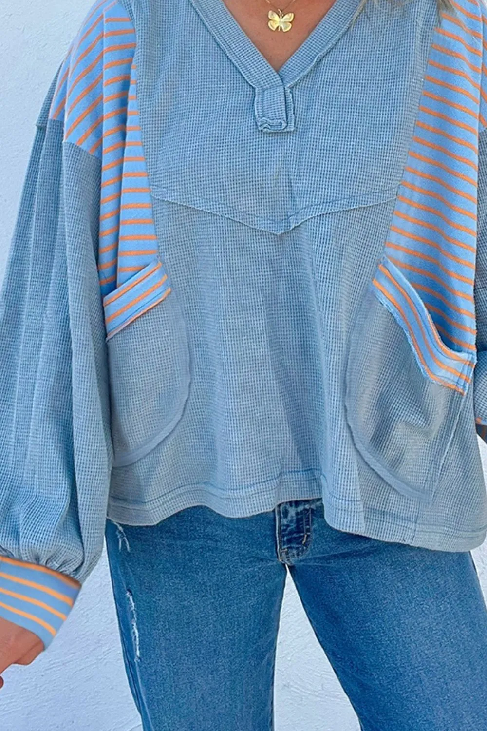 Striped Long Sleeve V-Neck Oversized Sweatshirt, image 2