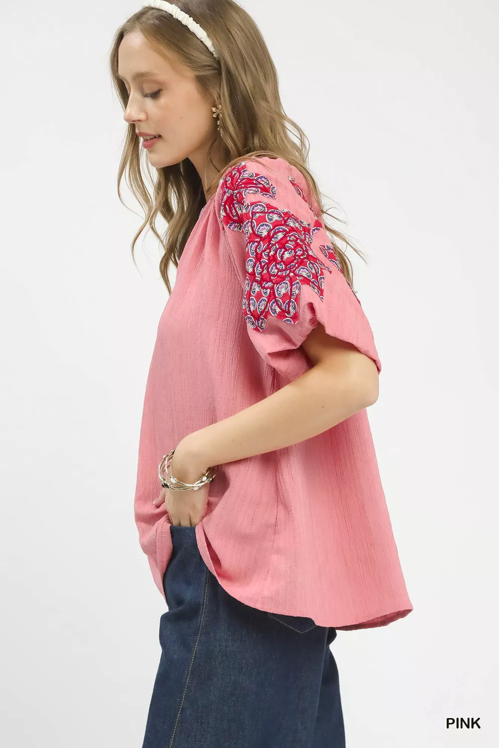 Embroidered Sleeve Contrast Trim Top, image 3