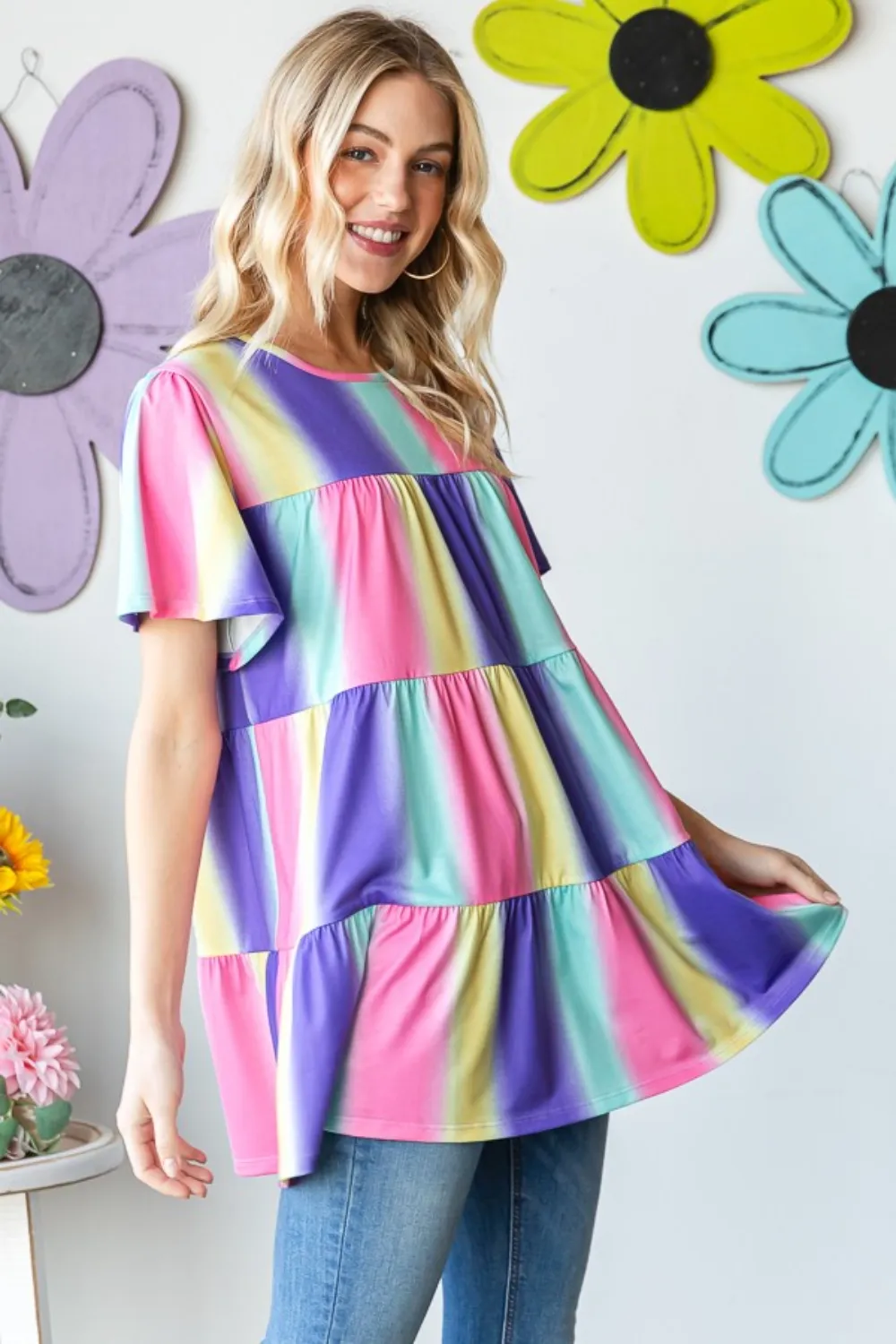 Full Size Short Sleeve Striped Tiered Top, image 2